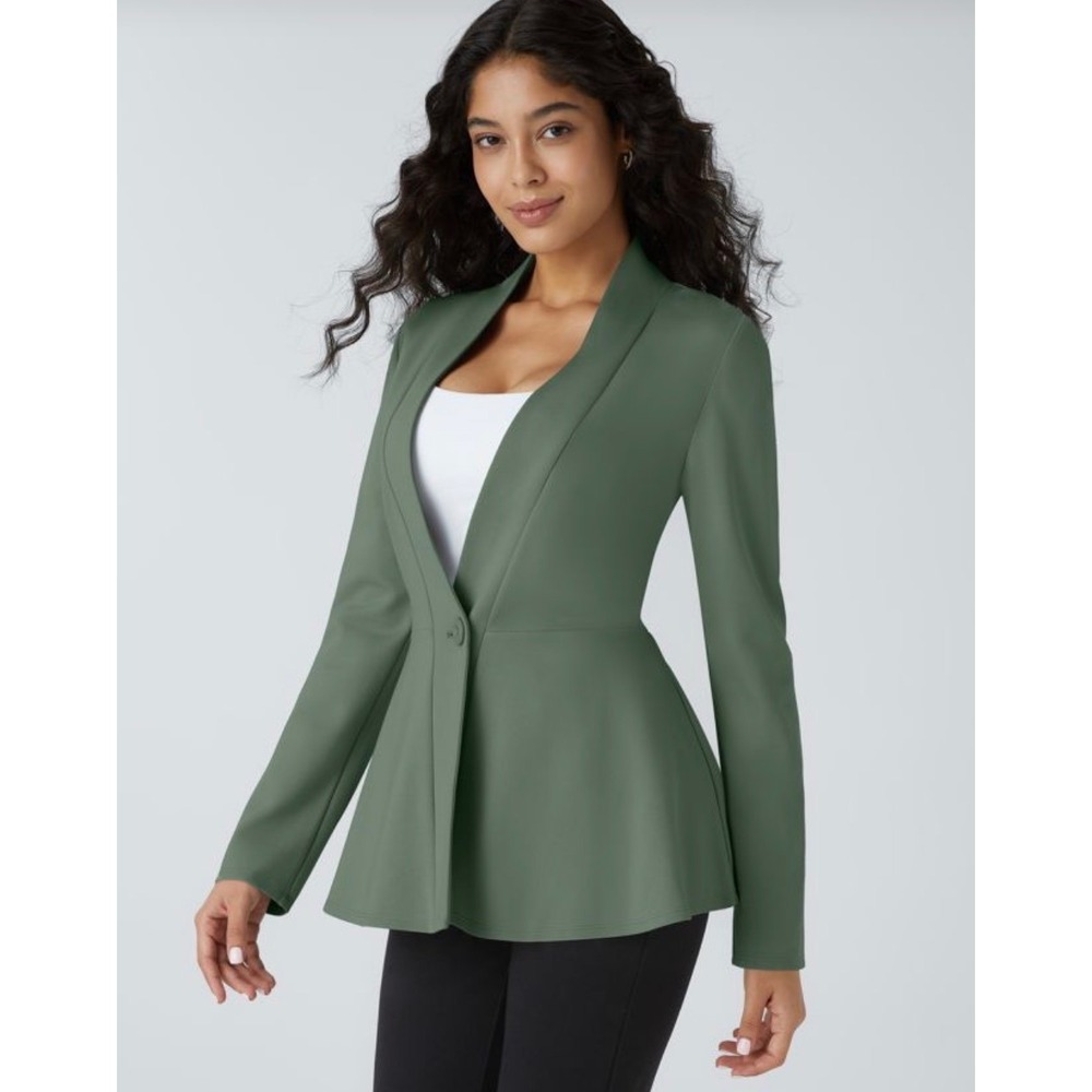Halara Moss Green Peplum Blazer Shawl Collar Single Button Stretch Knit Jacket